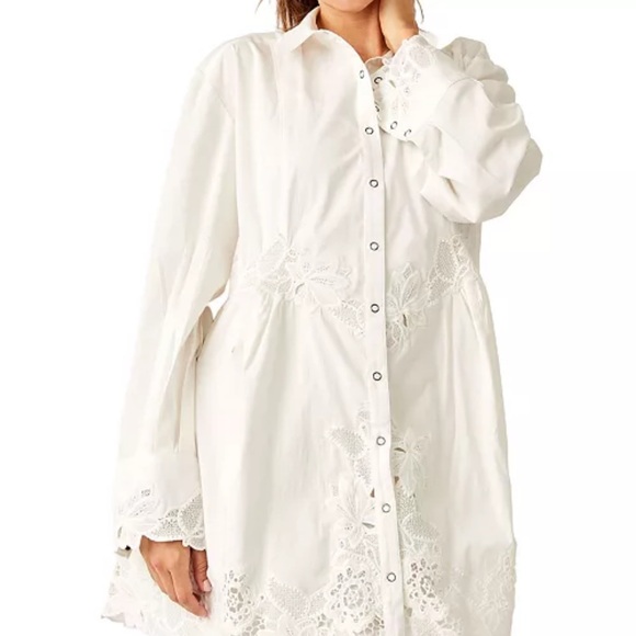 NWT Free People White Lace Button-Up Shirt Dress -oversized XS - Picture 1 of 7